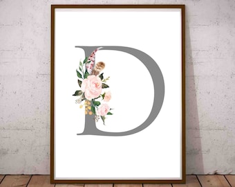 D Blumen Monogramm D Buchstabe D druckbare Buchstabe D Druck druckbare Buchstaben Sofortiger Download Buchstabe Dekor für Wand Monogramm Kunstdruck Baby Name