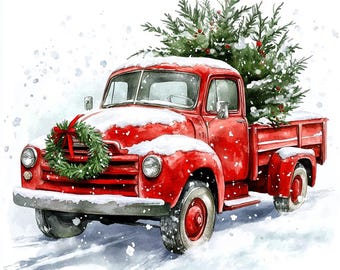 8 Red Christmas Pickup Truck with Christmas Tree Clipart Printable Watercolor Graphics Holiday Junk Journals Paper Crafts High Quality PNGs