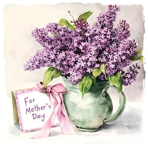 Bouquet de fleurs lilas violet à télécharger pour la fête des mères dans un vase bohème imprimable aquarelle vintage papier de création numérique, journaux indésirables