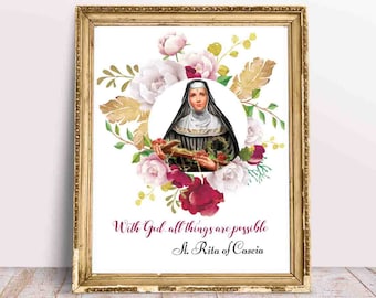 Sainte Rita de Cascia, St Rita, Avec Dieu, tout est possible, Saint catholique, Saint patron, Cadeau de prêtre, Cadeau pour prêtre catholique, Citation