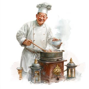 May include: Watercolor illustration of a smiling chef in a white uniform and toque stirring food in a pot. The pot sits atop a wooden stove with decorative lanterns. The chef holds a bowl of food.