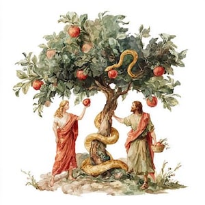 Puede incluir: Ilustración en acuarela de un árbol cargado de manzanas rojas, con una serpiente dorada enrollada alrededor del tronco. Una mujer con una túnica roja y un hombre con una túnica beige están cerca del árbol, con una cesta de manzanas.