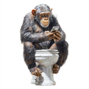 以下が含まれることがあります： 灰と茶色の毛皮を持つチンパンジーが白いトイレに座り、スマートフォンに見入っています。霊長類の顔は集中しており、手はデバイスを注意深く持っています。背景は無地の白です。