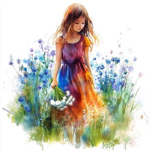 8 Clipart fille dans une prairie de fleurs sauvages champ de fleurs colorées aquarelle imprimable Floral enfants PNG de haute qualité artisanat en papier journaux indésirables