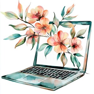 Computer Floral Design 8 Floral Laptop Computer Clipart Watercolor Digital Printable High ...