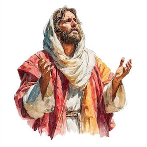 Pu&ograve; includere: Illustrazione ad acquerello di un uomo con la barba, che indossa un copricapo bianco e una veste rossa e gialla. Le sue braccia sono tese e il suo sguardo &egrave; rivolto verso l'alto. L'opera d'arte ha uno stile morbido e pittorico.