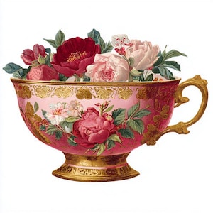 Könnte beinhalten: Eine rosa Teetasse im Vintage-Stil, verziert mit goldenen Details und gefüllt mit einem Blumenstrauß. Die Blumen sind eine Mischung aus roten, rosa und weißen Rosen und Pfingstrosen, mit grünen Blättern. Die Tasse hat ein dekoratives Blumenmuster.