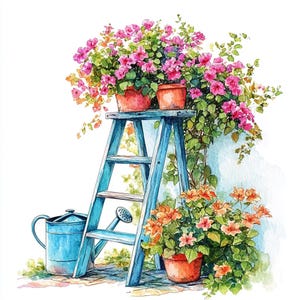 Peut inclure: Illustration à l'aquarelle d'une scène de jardin. Une échelle en bois bleu soutient des pots en terre cuite remplis de fleurs roses. Un arrosoir bleu et des fleurs oranges en pot complètent la scène, évoquant la nature.