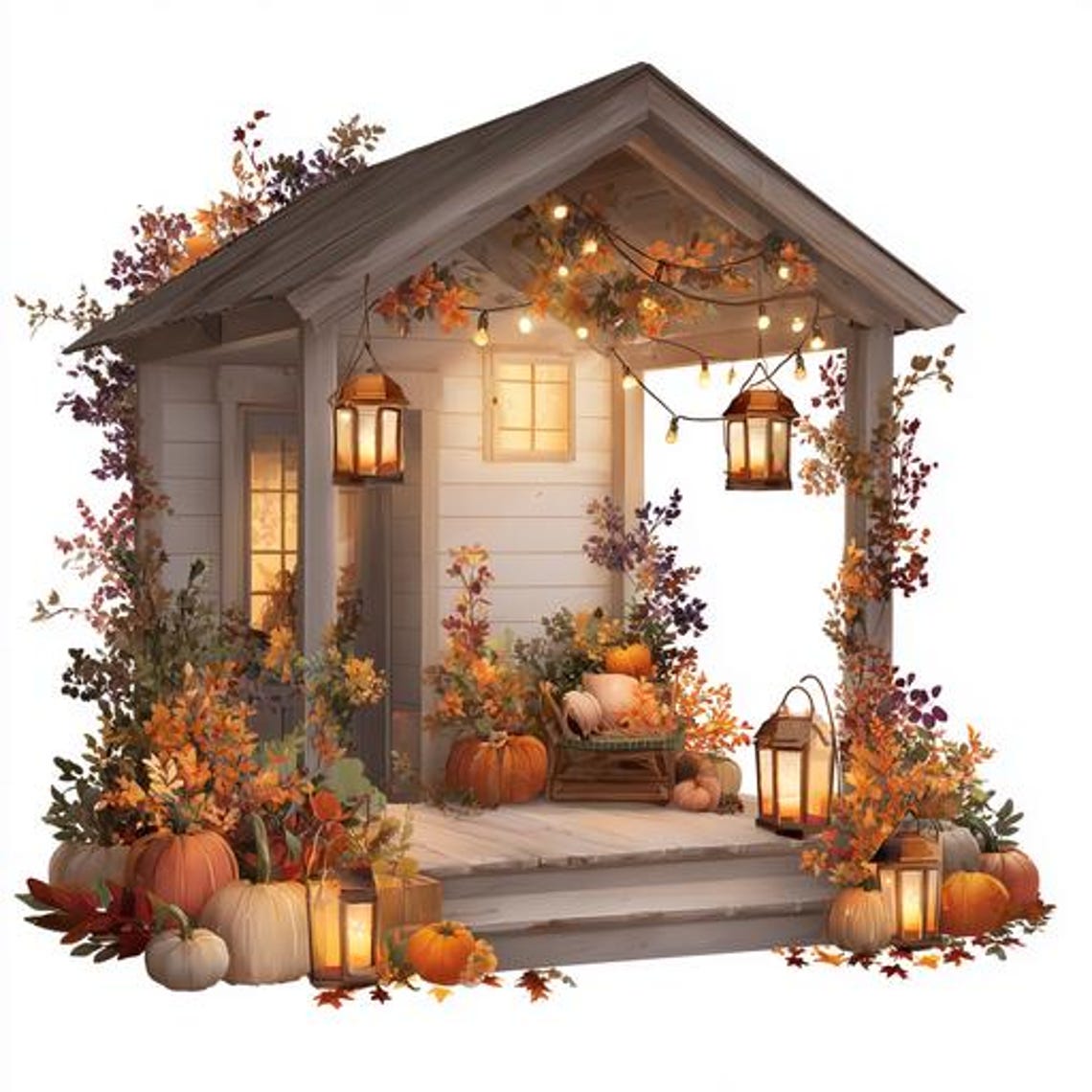 Veranda Collage 8 Autumn House Porch Clipart, Fall Veranda Watercolor Printable ...