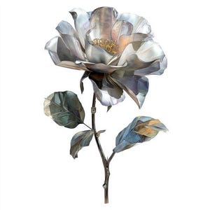 Peut inclure: Sculpture de rose métallique détaillée avec des pétales argentés et un centre doré. Les feuilles sont de couleur vert-bleu et la tige est brun foncé. L'œuvre est sur fond blanc.