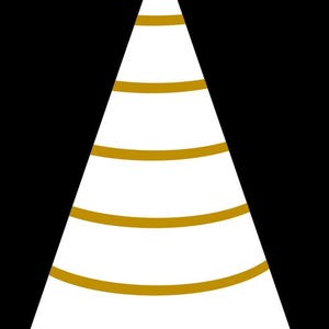 May include: A white party hat with gold horizontal stripes. The hat is a simple cone shape with a pointed top. The background is solid black.