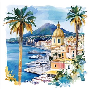 8 Clipart di paesaggi costieri di Napoli, Italia, acquerello, Mar Mediterraneo, stampabili, PNG di alta qualità, carta per artigianato, file di scrapbooking, diario spazzatura