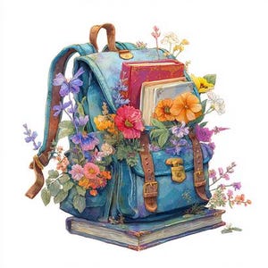 May include: A watercolor illustration of a blue backpack overflowing with colorful flowers and books. The backpack has brown leather straps and a handle. The books are various sizes and colors, with a stack of books at the base.