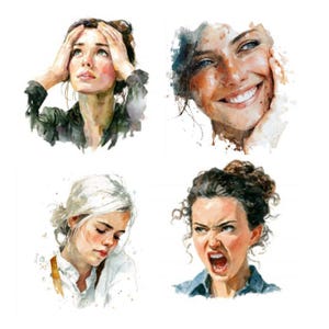 Puede incluir: Retratos en acuarela de cuatro mujeres que expresan diferentes emociones. Una mujer mira hacia arriba con las manos en la cabeza, otra sonríe, una tercera está abatida y la cuarta grita.
