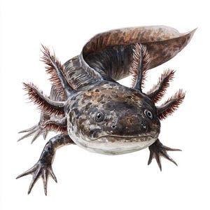Può includere: Illustrazione ad acquerello di un axolotl, un tipo di salamandra. L'axolotl è raffigurato in tonalità di marrone, grigio e bianco, con branchie piumate e una grande pinna dorsale frangiata. L'immagine è su sfondo bianco.