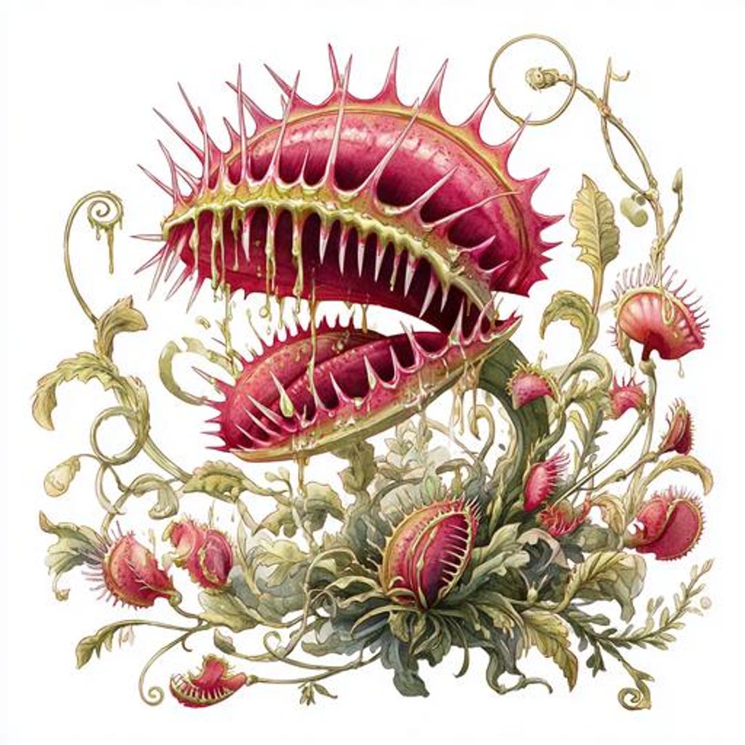 食虫植物のクリップアート8点、ゴシック様式のハエトリグサ、水彩画の