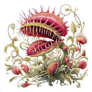 May include: Watercolor illustration of a Venus flytrap plant with a large, open mouth and spiky edges. The plant is a vibrant red with green and gold accents, surrounded by detailed foliage and smaller traps.