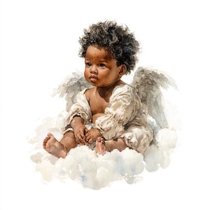 May include: Watercolor painting of a baby angel with dark skin and curly hair. The baby is seated on a cloud, wearing a white, ruffled outfit, and has feathered wings. The artwork has a soft, ethereal quality.
