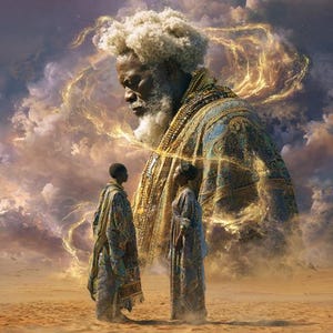 May include: An artistic digital illustration depicts a large figure with a white beard and hair, wearing a gold and blue patterned robe, towering over two smaller figures in similar attire. The background features a cloudy sky and desert landscape.