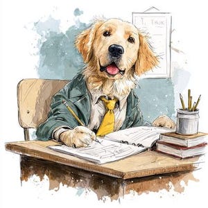 Puede incluir: Ilustración en acuarela de un perro Golden Retriever con una chaqueta verde y una corbata amarilla, sentado en un escritorio de madera. El perro está escribiendo en un bloc de notas con un lápiz, con libros y lápices cerca. Hay un letrero en la pared.