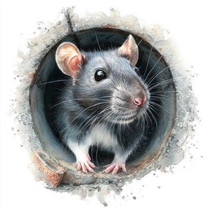 May include: Watercolor illustration of a gray rat emerging from a dark, circular opening. The rat has a pink nose, large black eyes, and long whiskers. The artwork has a soft, painterly style with watercolor textures.