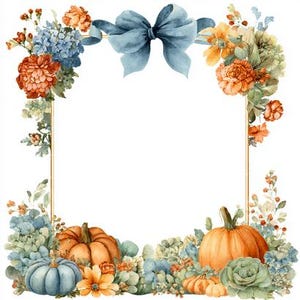 May include: Watercolor illustration of a square frame decorated with autumn elements. The frame features a large blue bow at the top, with orange and blue flowers, pumpkins, and succulents at the corners and bottom.