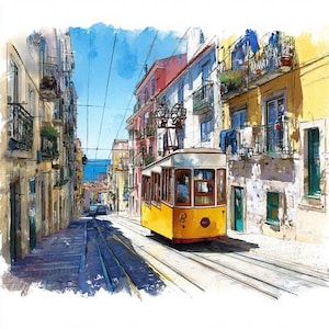 8 Lisbon Clipart Watercolor Portugal Cityscape Clip Art Printable Digital High Quality PNG Paper Craft Junk Journal Summer Travel Journaling