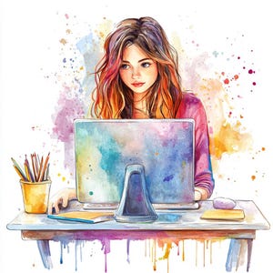 Puede incluir: Ilustración en acuarela de una persona trabajando en un portátil en un escritorio. La persona tiene el pelo largo y ondulado y lleva una camisa rosa. Una taza amarilla con lápices está sobre el escritorio. El fondo presenta salpicaduras de pintura coloridas.