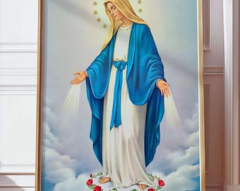 Our Lady Virgin Mary Immaculate Heart of Virgin Mary Wall Art Poster Vintage Mother of God Jesus Painting Holy Mary Blessed Mother Digital