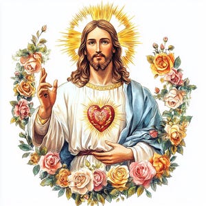 7 Clipart ad acquerello del Sacro Cuore di Gesù, stampabile, Clipart floreale di Gesù, PNG di alta qualità, creazioni di carta, diari di scarto, creazione di biglietti, tecniche miste