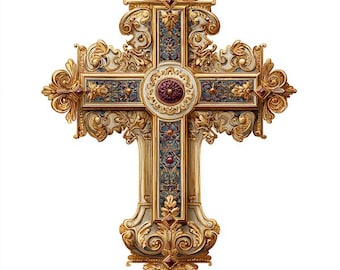 8 Prawosławnych Krzyży Clipart, Bizantyjski Krucyfiks, Chrześcijańskie Pliki PNG z Klejnotami, Akwarela do Wydruku, Tworzenie Kartek do Dziennika, Zaproszenia