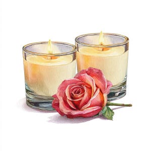 Può includere: Due candele accese in bicchieri trasparenti con una rosa rosa e arancione. Le candele hanno un bagliore giallo tenue e la rosa è in piena fioritura con foglie verdi.