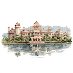 May include: Watercolour illustration of an Indian palace with multiple domes and arched windows, reflected in the water. The building is a light tan colour with red accents, set against a backdrop of blue mountains and a white sky.