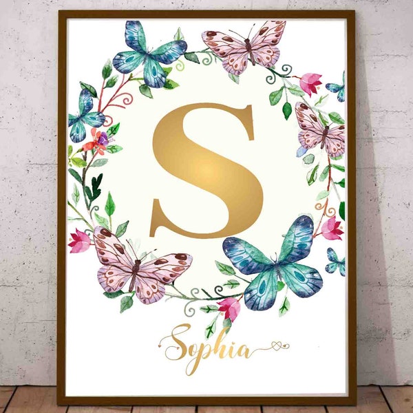 Name sign for nursery,name print,Sophia sign,name art nursery,Monogram printable,floral wreath name,custom baby name print,baby name print