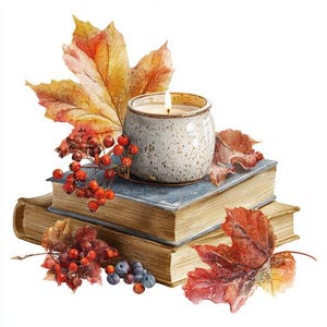 Op de afbeelding: Een aquarel illustratie van een brandende kaars in een gespikkelde keramische houder, rustend op een stapel oude boeken. Herfstbladeren en bessen in rood, oranje en bruin omringen de kaars en de boeken, waardoor een gezellig, seizoensgebonden thema ontstaat.