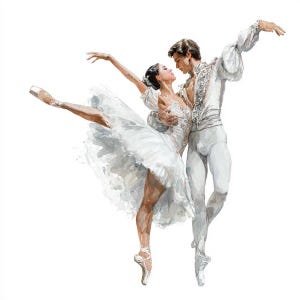 Può includere: Dipinto ad acquerello di una coppia di balletto in posa aggraziata. La ballerina indossa un tutù bianco e scarpette da punta, mentre il ballerino è in costume bianco. L'opera cattura l'eleganza e la fluidità del balletto.