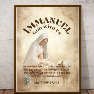 Mattheüs 1:22-23, Immanuel God With Us afdrukbaar, afdrukbare tekst van kerstbijbelvers, afdrukbare kersttekst, afdrukbare kerst, christelijke kerstafdruk