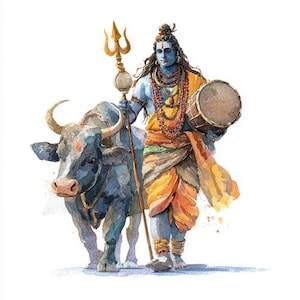 May include: Watercolor illustration of a deity with blue skin, adorned with jewelry and traditional garments, holding a trident and a drum. A gray bull stands beside the deity. The artwork features a white background.