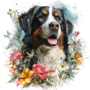 May include: Watercolor painting of a Bernese Mountain Dog with a black, white, and brown coat, surrounded by colorful flowers. The dog has a pink tongue and is looking upwards. The flowers include pink, yellow, and blue blossoms.