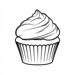 Può includere: Illustrazione in bianco e nero di un cupcake. Il cupcake ha un design a spirale sulla glassa e si trova in un pirottino di carta scanalato. L'immagine è un semplice disegno a tratto, adatto per colorare o progettare.
