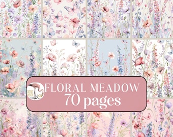 Cottagecore Spring Meadow, Dreamy Pastel Floral Scrapbook Background, Junk Journal Printable, Cottage Garden Romantic Digital Paper Ephemera