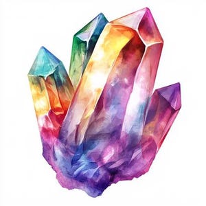 Può includere: Illustrazione ad acquerello di un gruppo di cristalli nelle tonalità del blu, verde, giallo, arancione, rosa e viola. I cristalli hanno un aspetto sfaccettato e sono disposti in un gruppo su sfondo bianco.