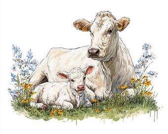 8 Cow Clipart With Baby Calf, Animal Family, Farm Clipart, Watercolor Printable Digital Download High Quality PNGs Paper Craft Card Making