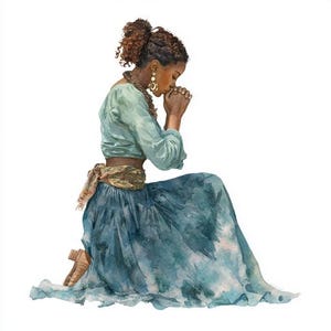May include: Watercolor painting of a person kneeling with hands clasped in prayer. The person wears a light blue top, a long blue skirt, and gold jewelry. A scarf is tied around the waist. The artwork has a soft, ethereal quality.