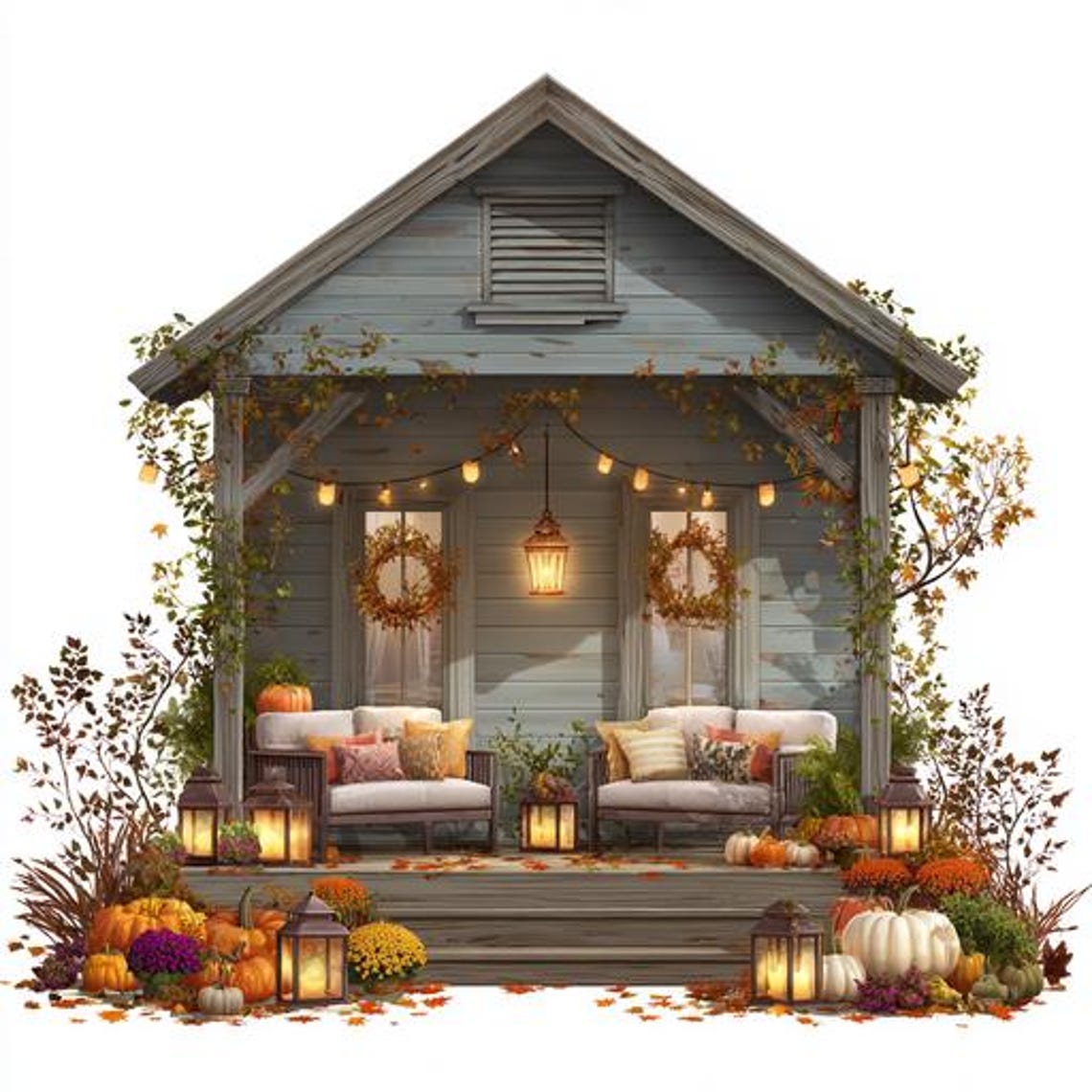 Veranda Collage 8 Autumn House Porch Clipart, Fall Veranda Watercolor Printable ...