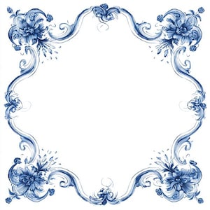 Puede incluir: Un marco floral azul y blanco detallado. El marco presenta líneas ornamentadas y remolinos y acentos florales en un estilo dibujado a mano. El diseño es simétrico, con flores en cada esquina y en el centro.