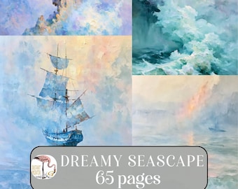 Seascape Junk Journal Pages, Dreamy Coastal Landscape, Romantic Vintage Sea, Ocean Backgrounds Digital, Scrapbook Paper Printable, Ephemera