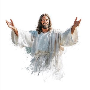 May include: A digital painting of a man with long brown hair and a beard, wearing a white robe. His arms are outstretched, palms up, against a white background. The artwork has a soft, painterly style.