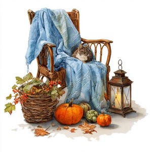 Puede incluir: Ilustración en acuarela de una escena otoñal acogedora. Un gato atigrado descansa sobre una manta azul sobre una mecedora de mimbre. Una cesta de bayas, calabazas, una linterna y hojas de otoño completan el tema de la cosecha.