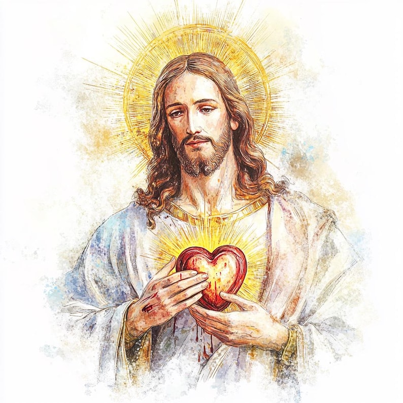 May include: A watercolour illustration of a figure with long brown hair and a beard, wearing a white robe. A golden halo surrounds the head. The figure holds a red heart with a golden glow, with blood dripping from the hands.